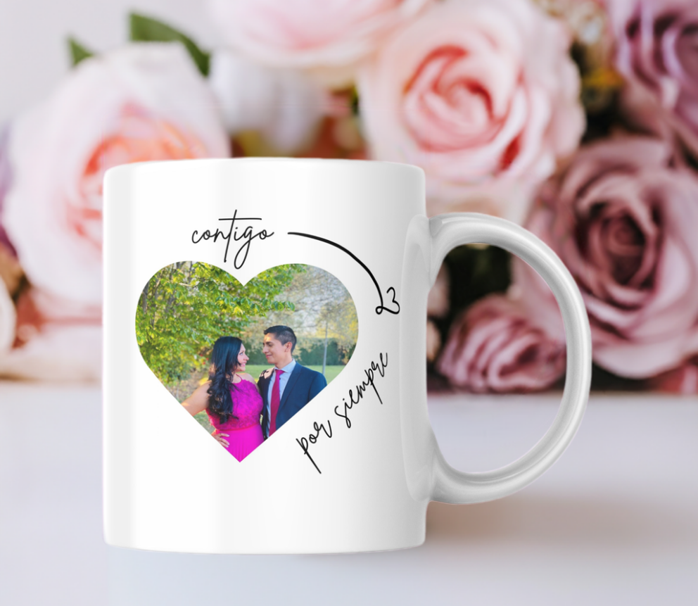 Taza foto corazón + frase "Contigo"