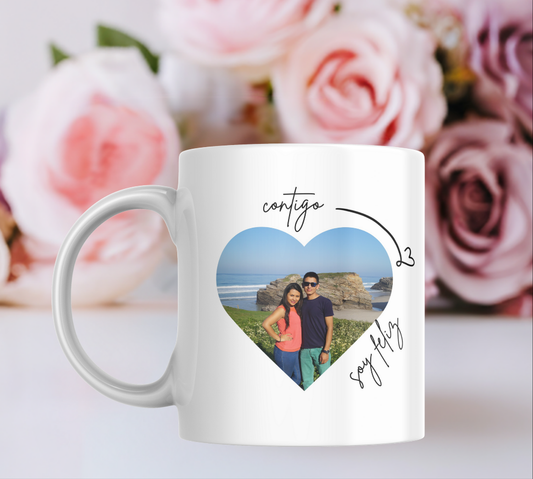 Taza foto corazón + frase "Contigo"