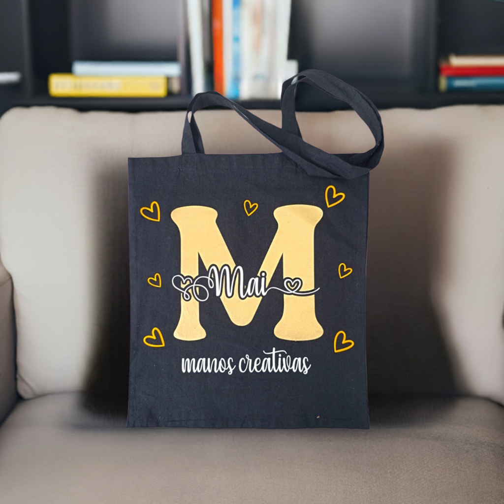 Tote Bag Negro Corazones + Inicial + Nombre.