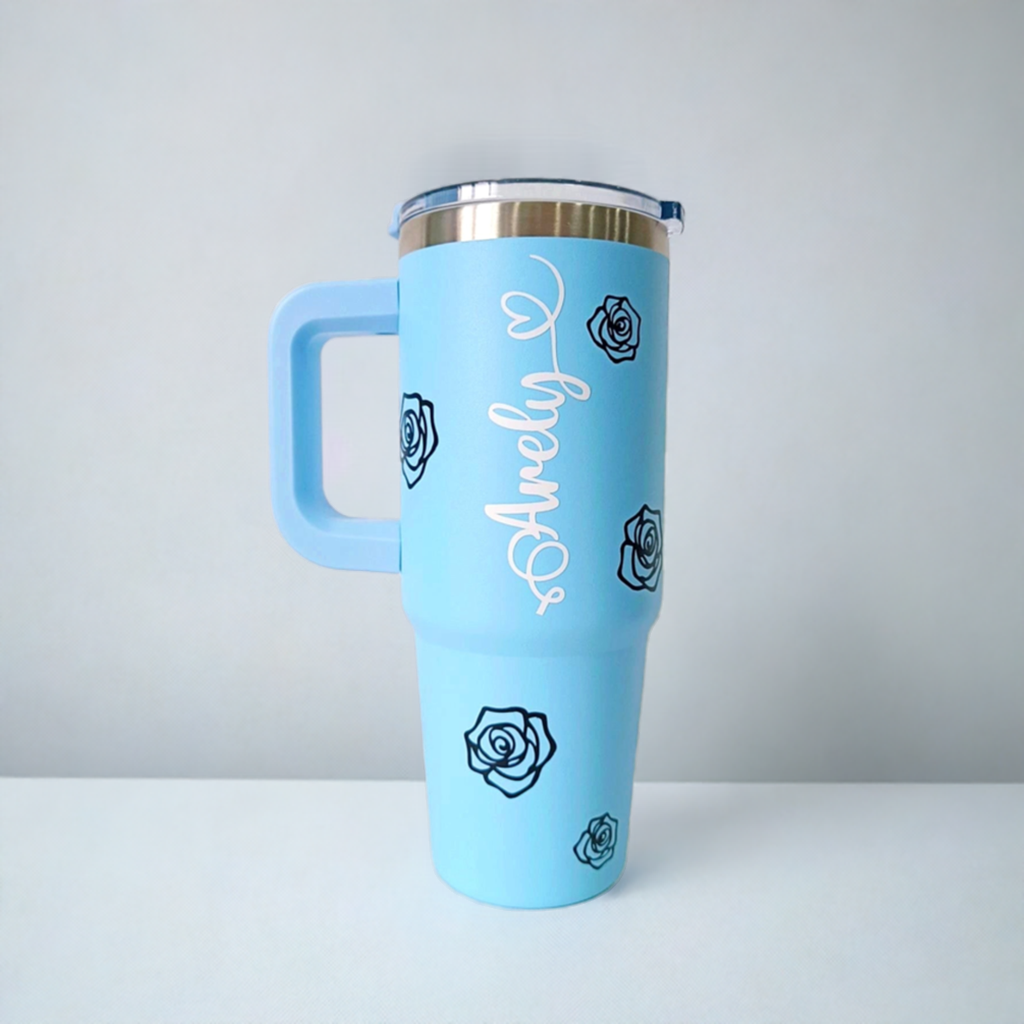Vaso Térmico Azul de 890ml diseño rosas, personalizable